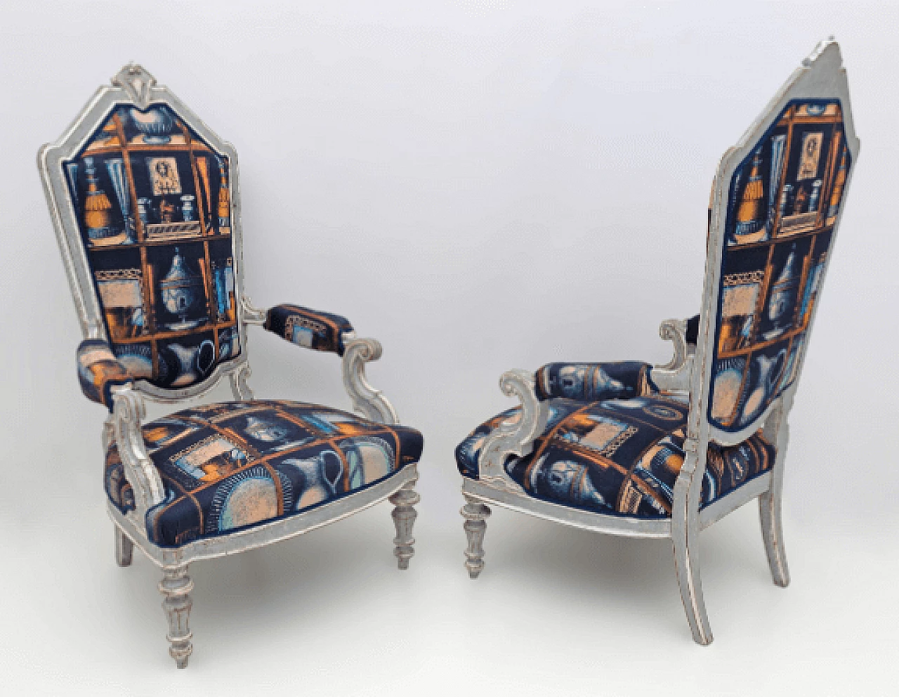 Pair of lacquered wood and Fornasetti fabric armchairs, 1950s 2