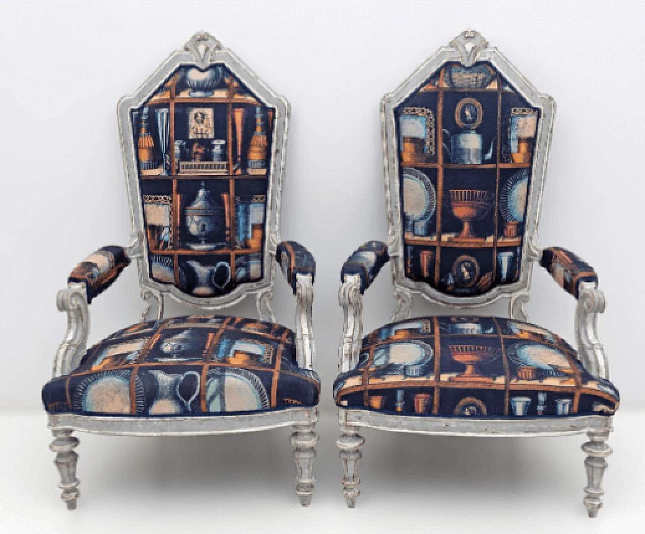 Pair of lacquered wood and Fornasetti fabric armchairs, 1950s 3