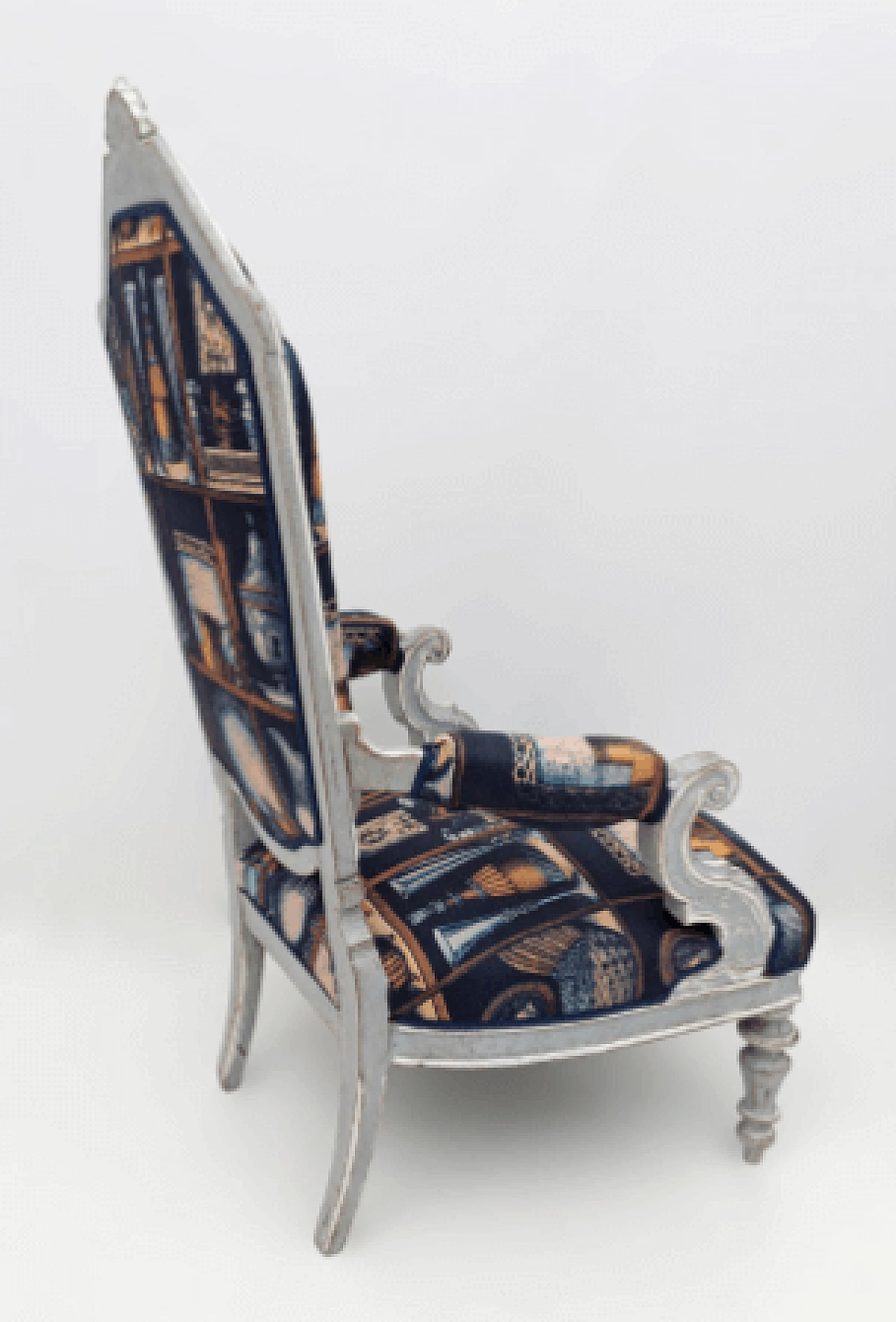 Pair of lacquered wood and Fornasetti fabric armchairs, 1950s 5