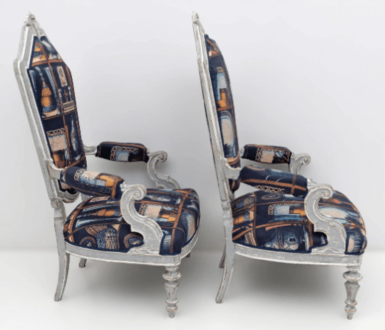 Pair of lacquered wood and Fornasetti fabric armchairs, 1950s 7