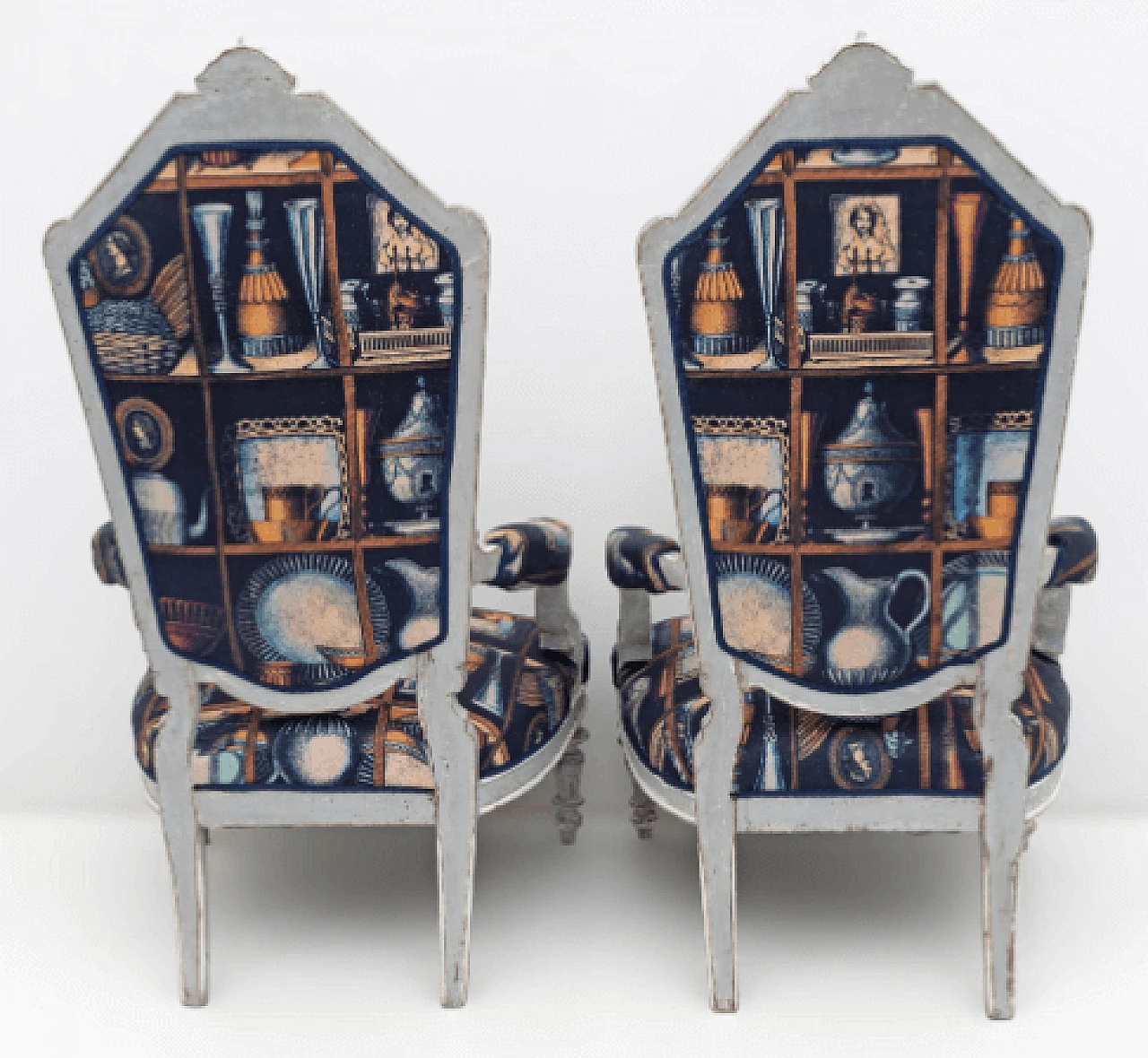 Pair of lacquered wood and Fornasetti fabric armchairs, 1950s 8