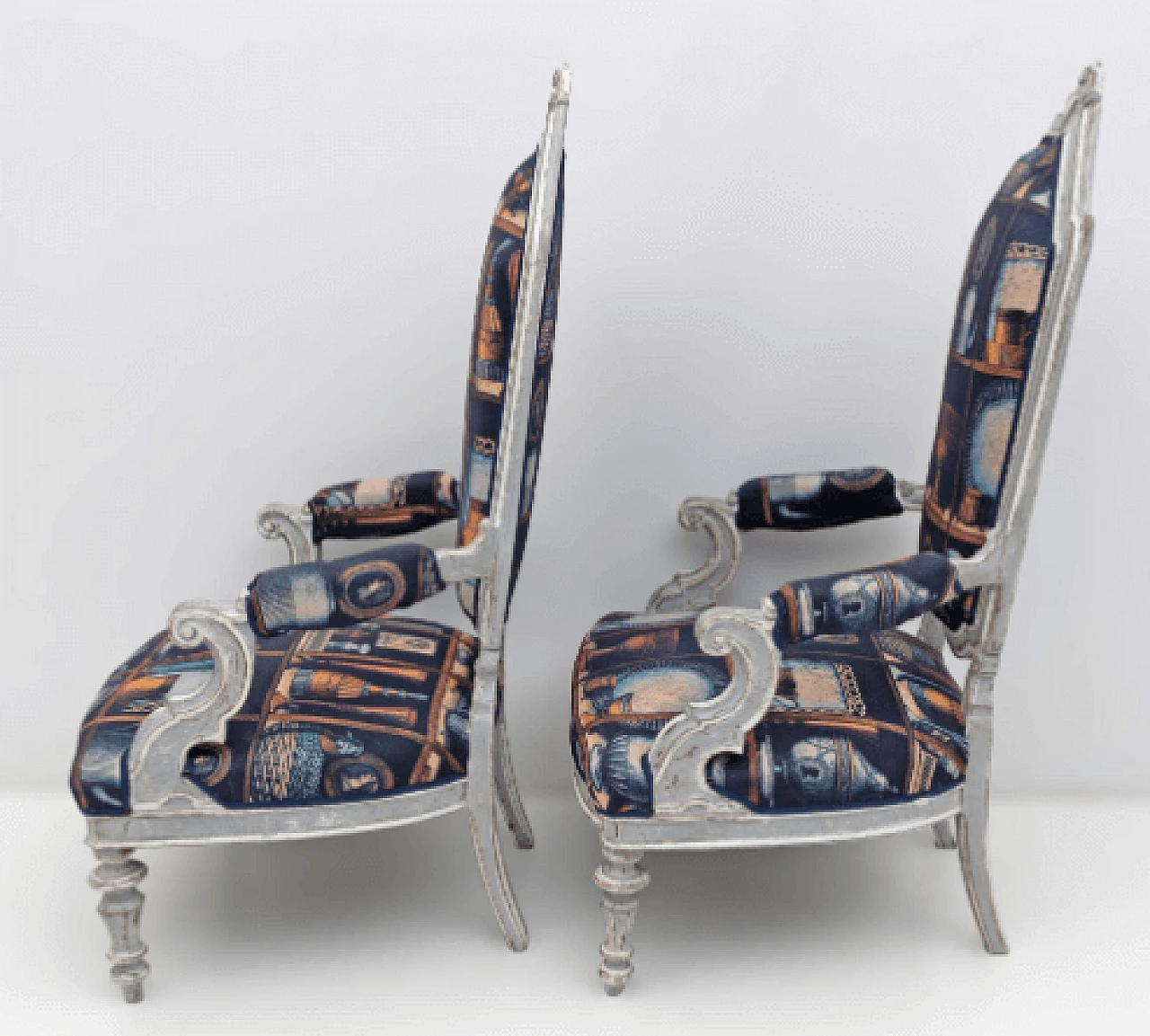 Pair of lacquered wood and Fornasetti fabric armchairs, 1950s 9