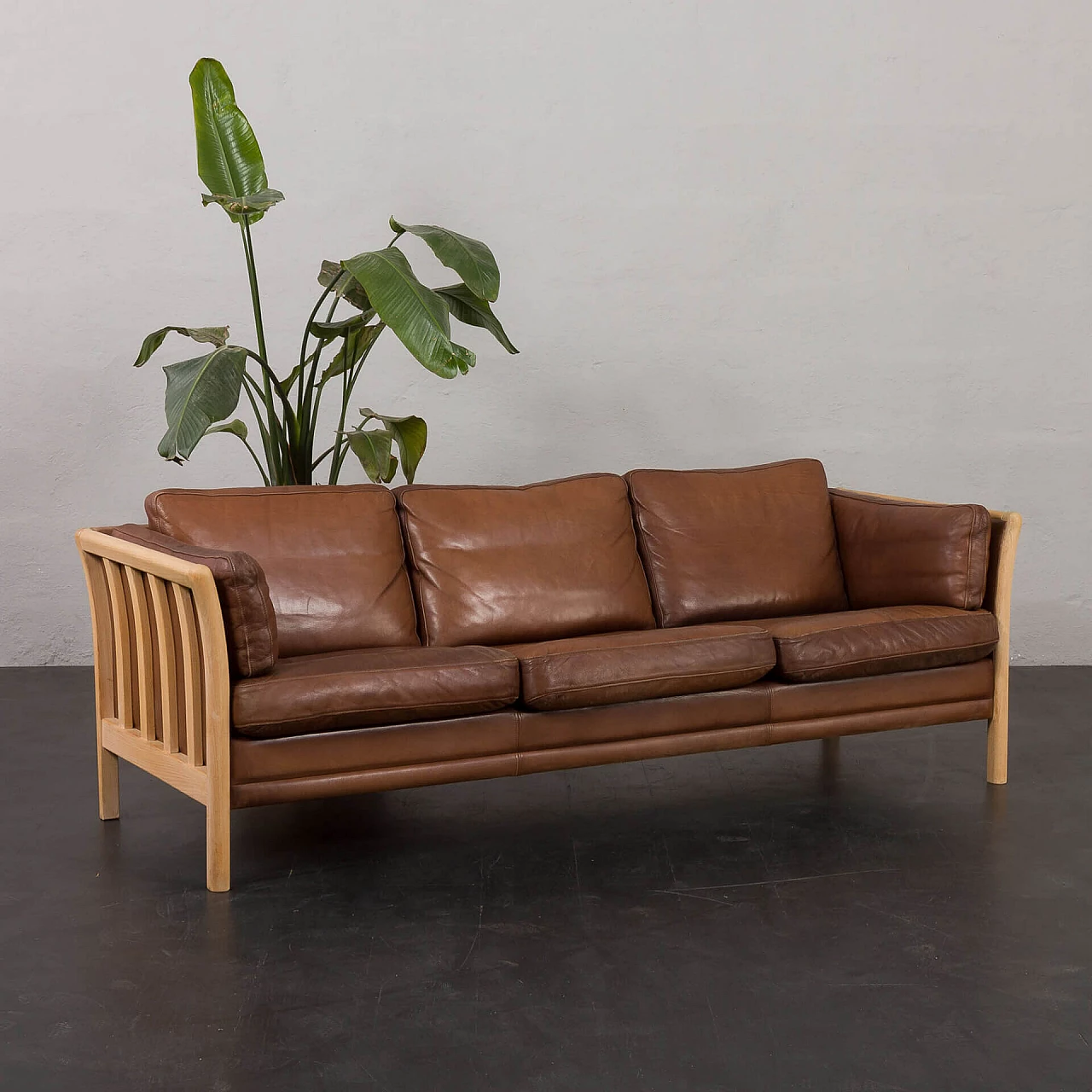 Beech and brown aniline leather sofa by Mogens Hansen, 1970s 1
