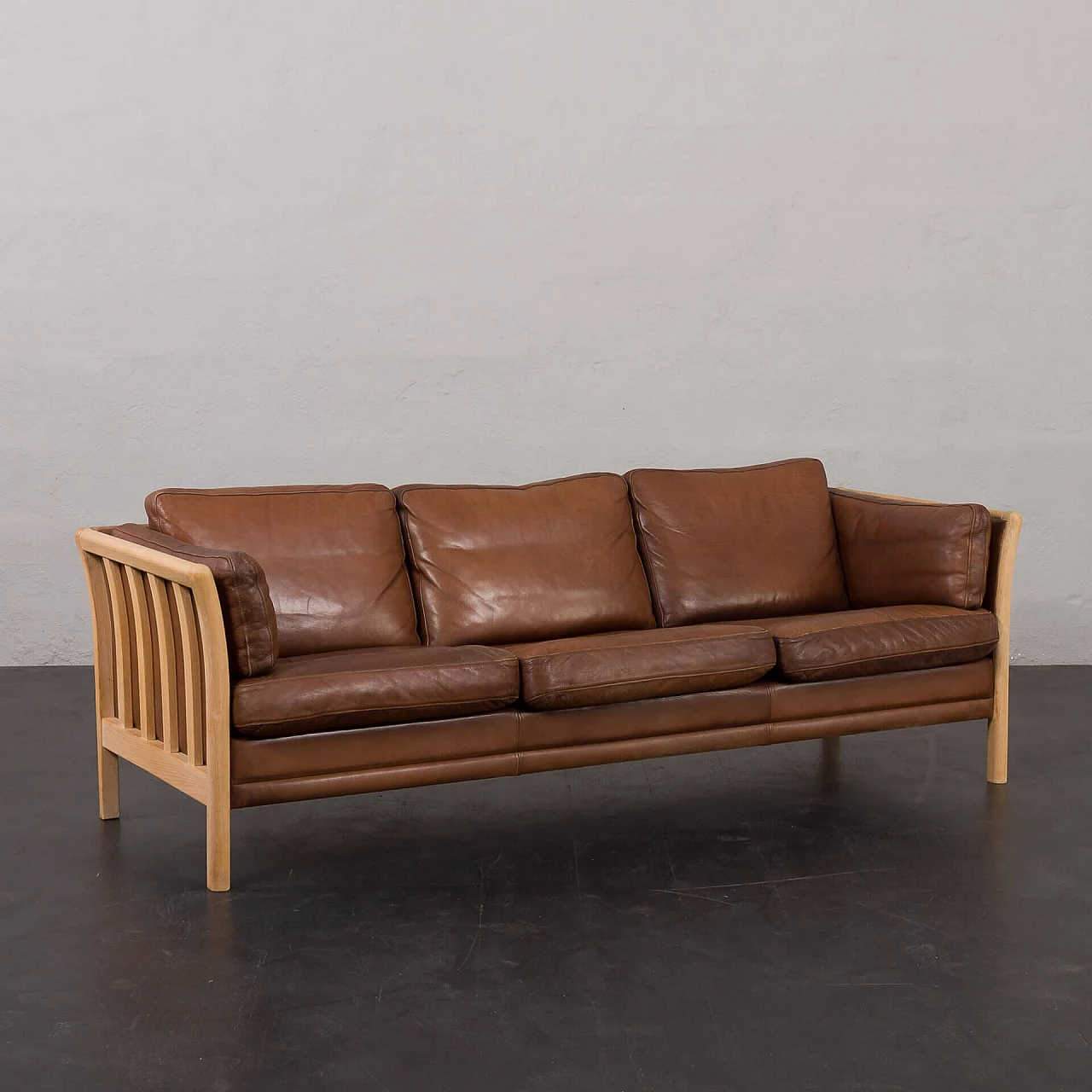 Beech and brown aniline leather sofa by Mogens Hansen, 1970s 3