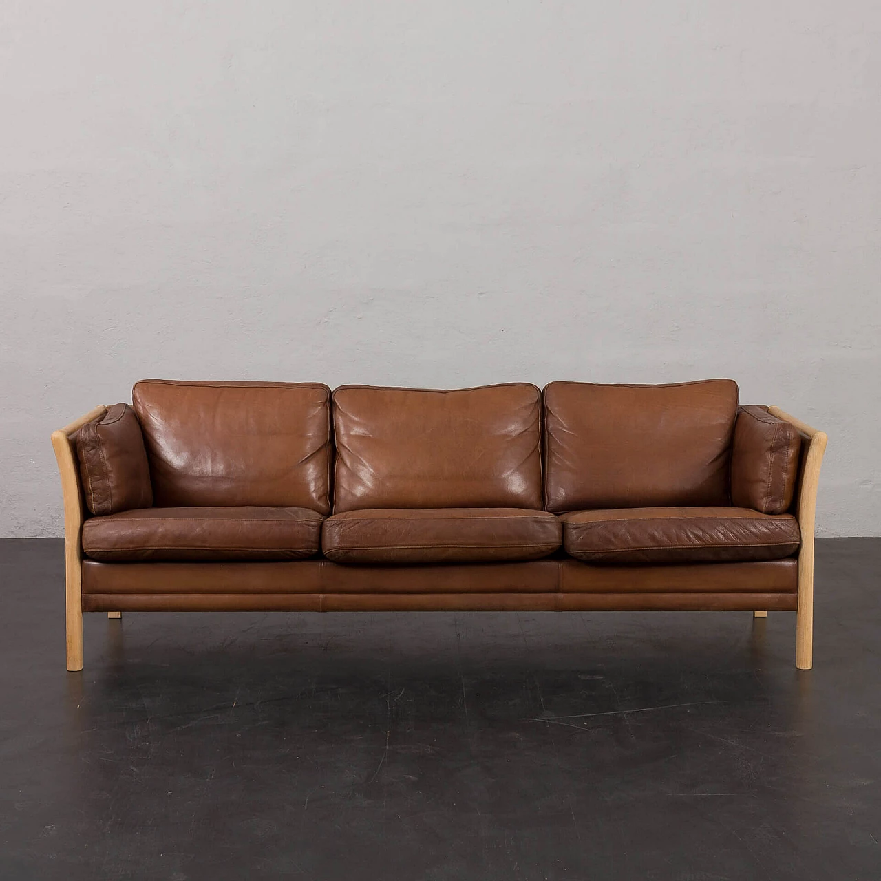 Beech and brown aniline leather sofa by Mogens Hansen, 1970s 4