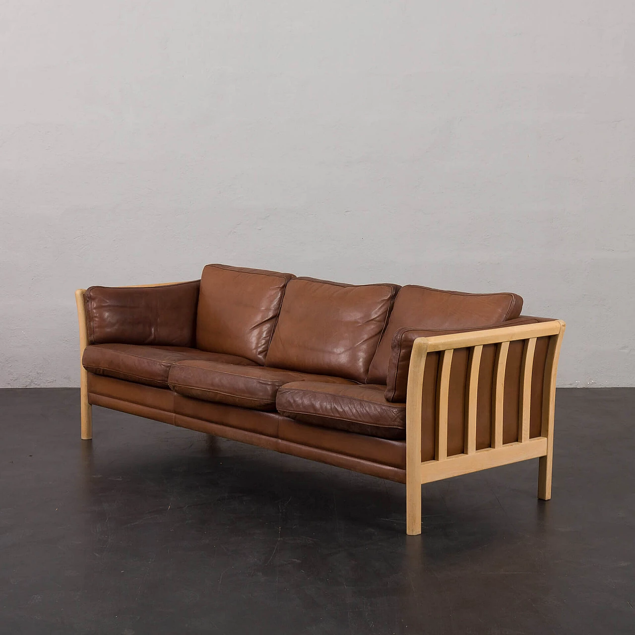 Beech and brown aniline leather sofa by Mogens Hansen, 1970s 5