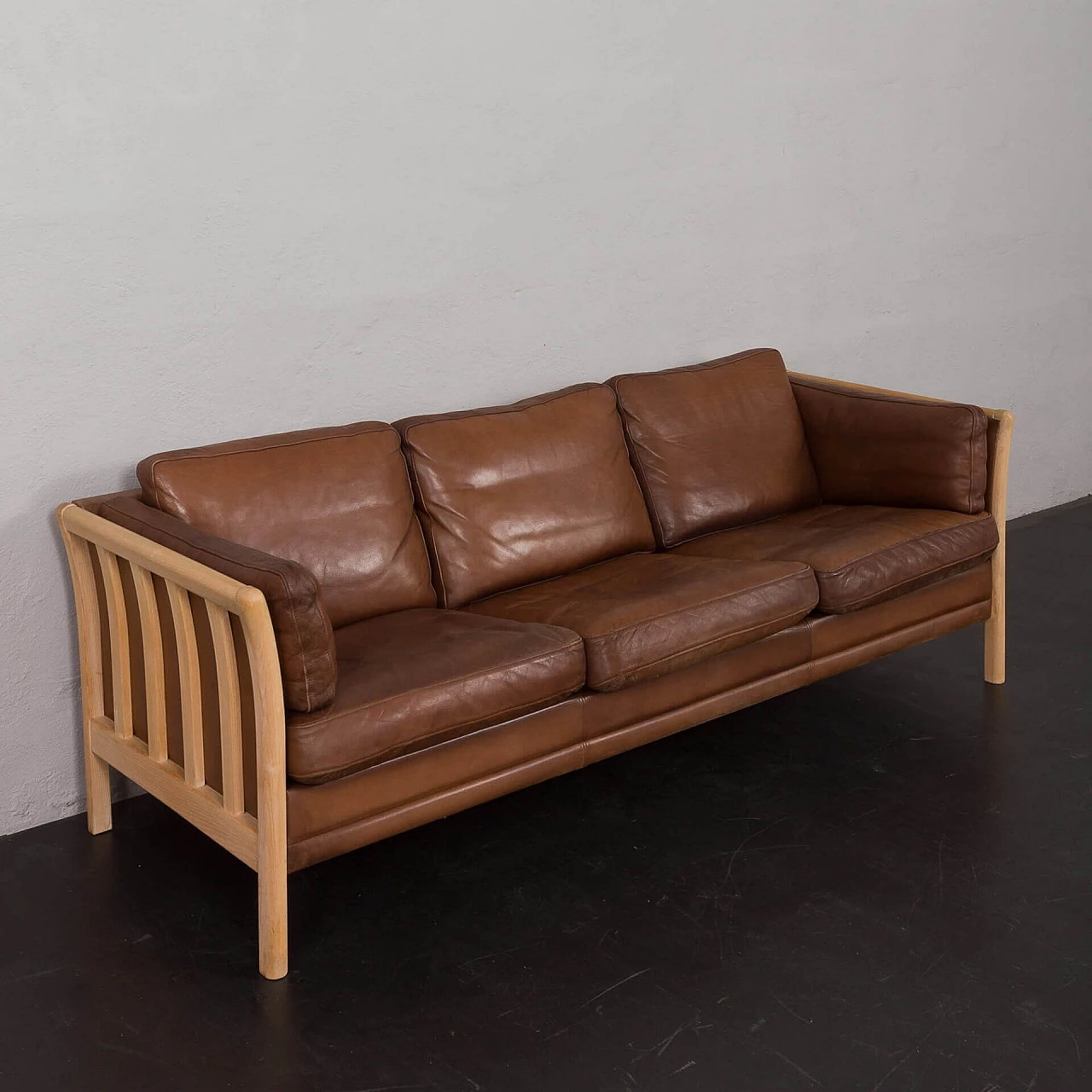 Beech and brown aniline leather sofa by Mogens Hansen, 1970s 10