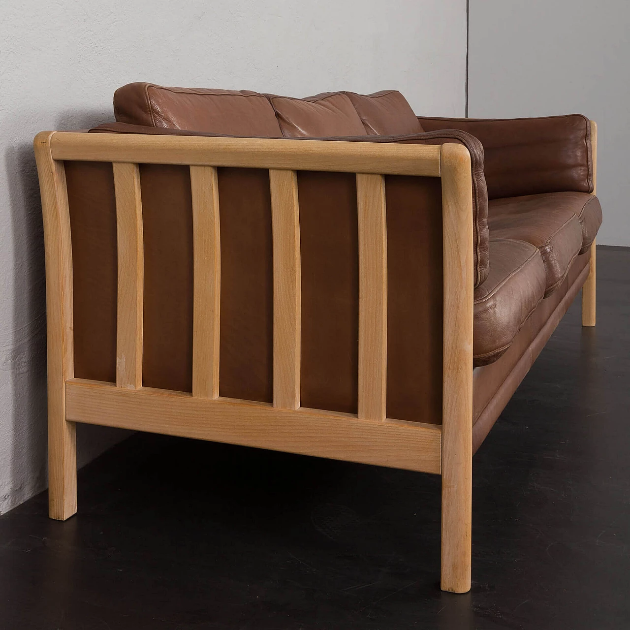 Beech and brown aniline leather sofa by Mogens Hansen, 1970s 11
