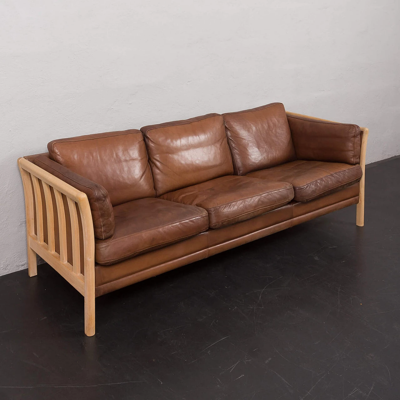 Beech and brown aniline leather sofa by Mogens Hansen, 1970s 19
