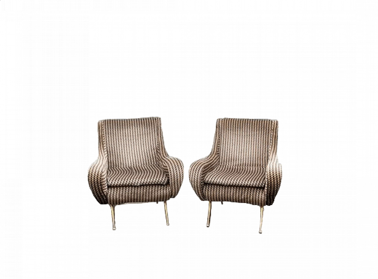 Pair of armchairs in fabric with brass legs, 1960s 9