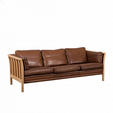 Beech and brown aniline leather sofa by Mogens Hansen, 1970s