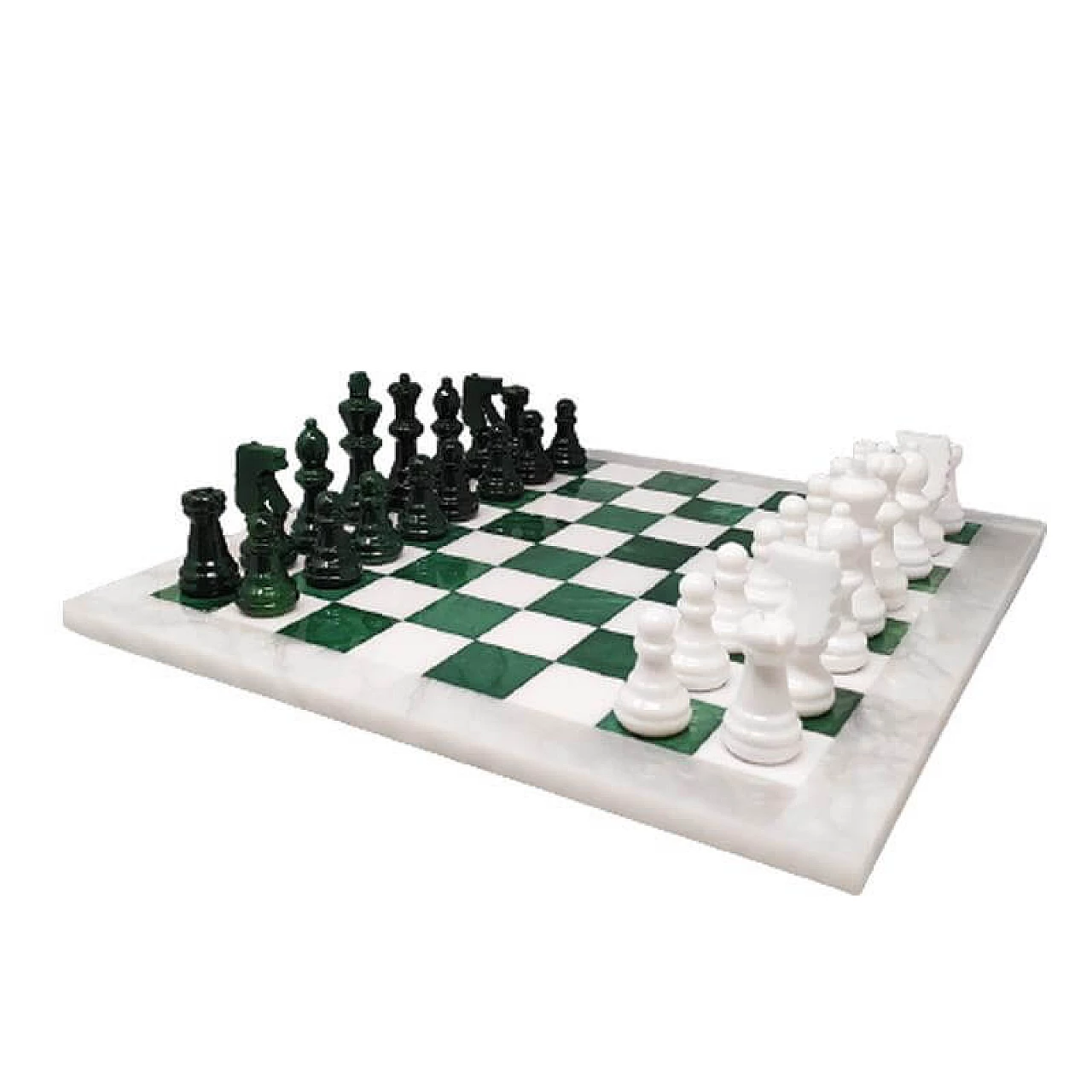 White and green Volterra alabaster chessboard and chessmen, 1970s 1