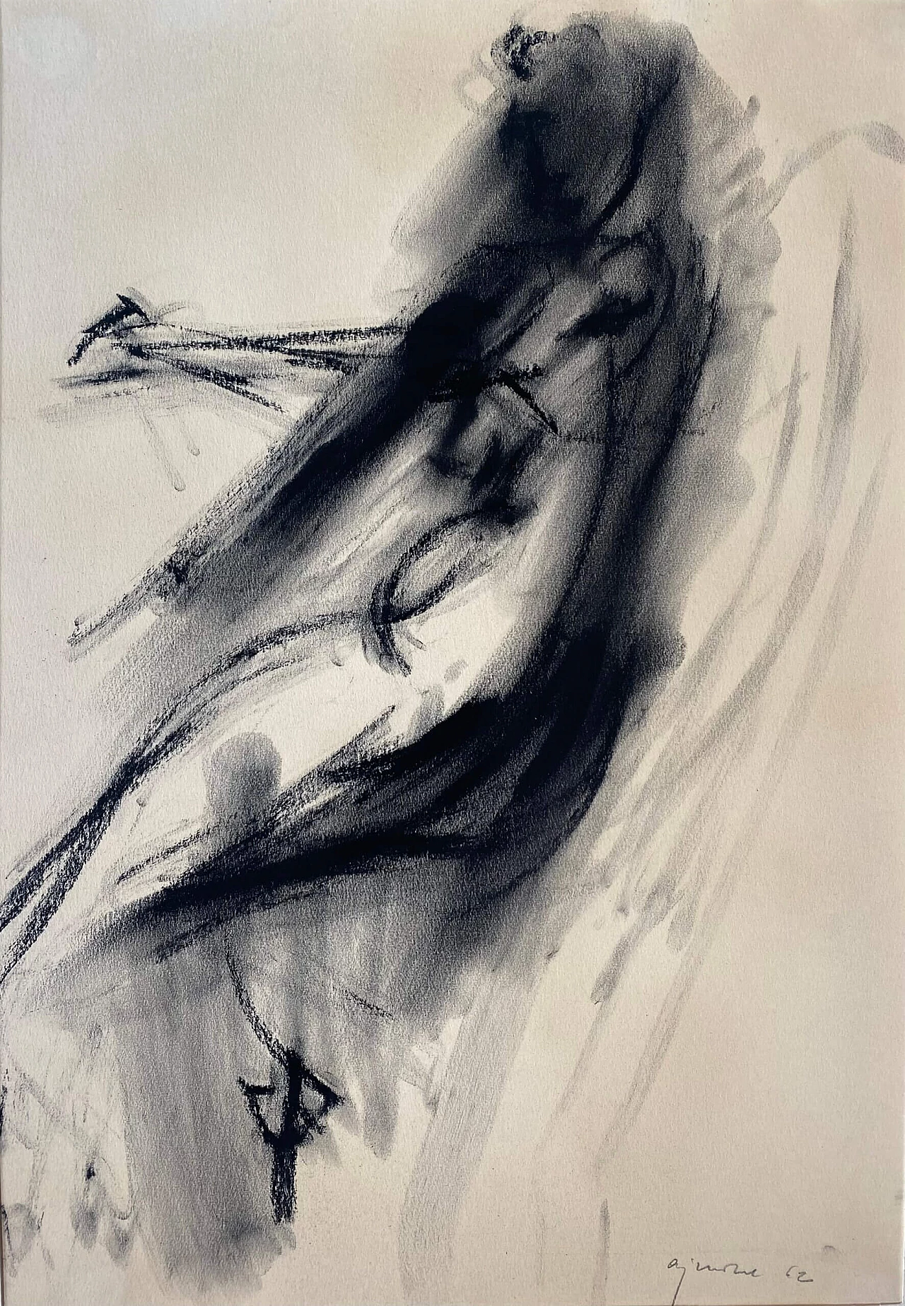 Nino Aimone, donna distesa, disegno a carboncino su carta, 1962 1