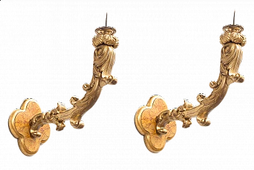 Pair of Roman wall sconces in gilded and carved wood, early 19th century