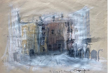 Giancarlo Cazzaniga, The Square of San Mamete, mixed media drawing on paper, 1962