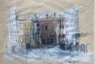 Giancarlo Cazzaniga, La Piazza di San Mamete, disegno a tecnica mista su carta, 1962