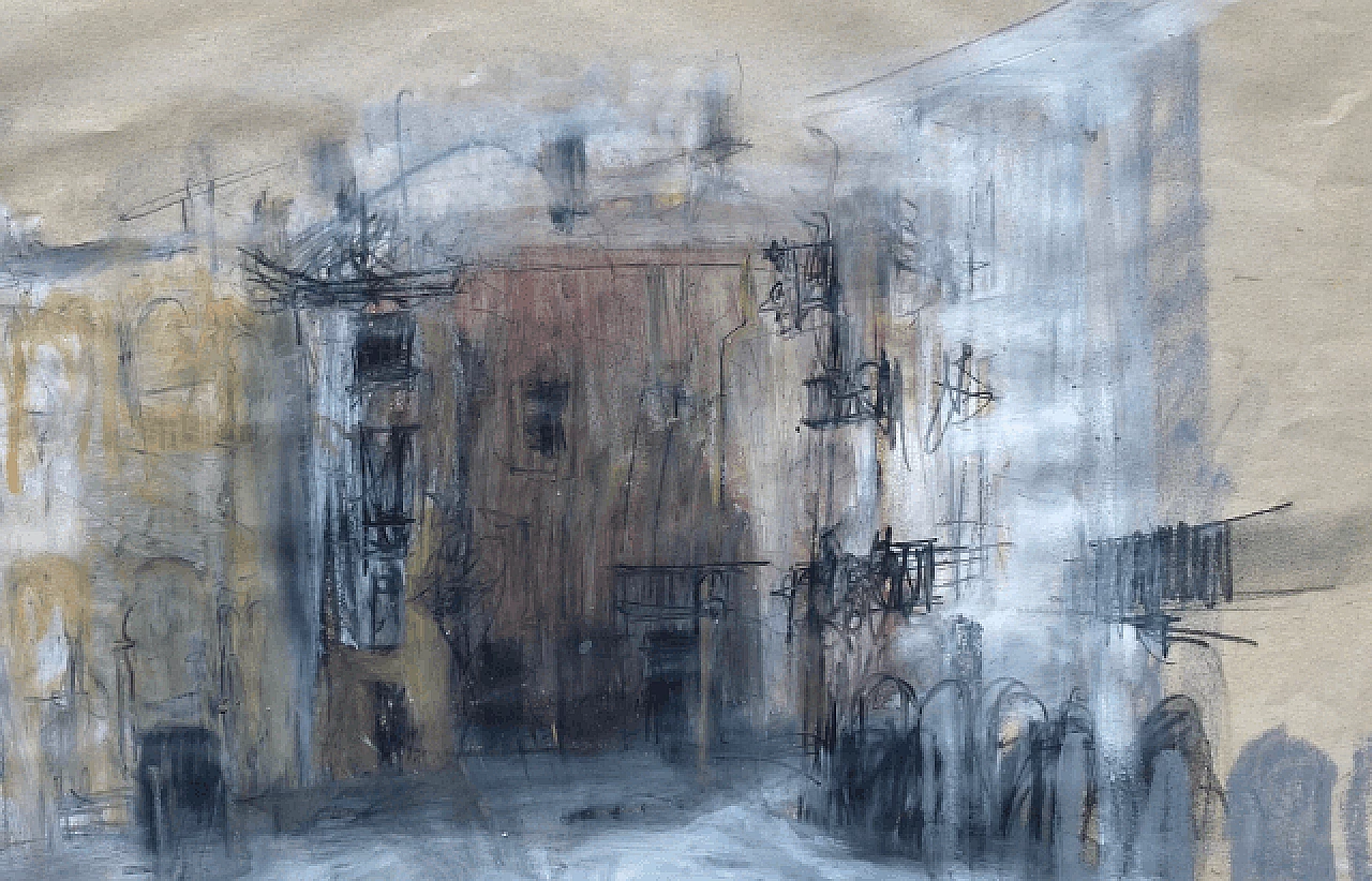 Giancarlo Cazzaniga, The Square of San Mamete, mixed media drawing on paper, 1962 3