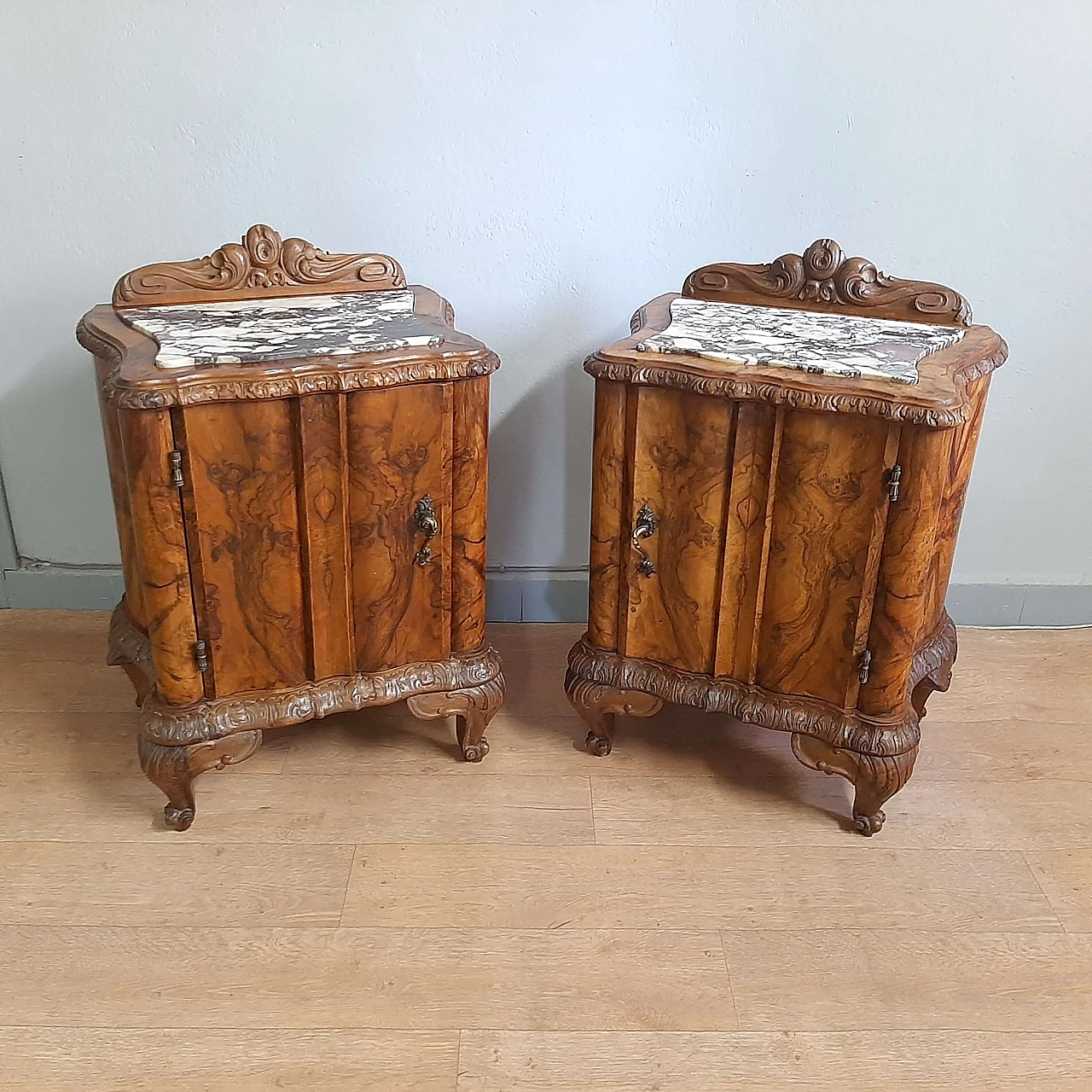 Pair of Barocchetto style solid walnut and marble bedside tables, 1930s 1
