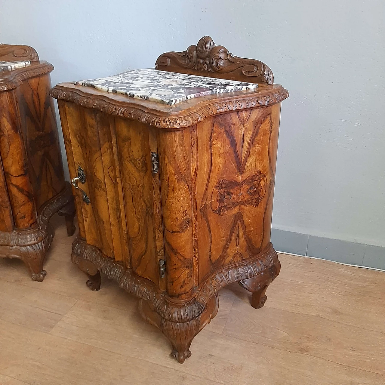 Pair of Barocchetto style solid walnut and marble bedside tables, 1930s 2