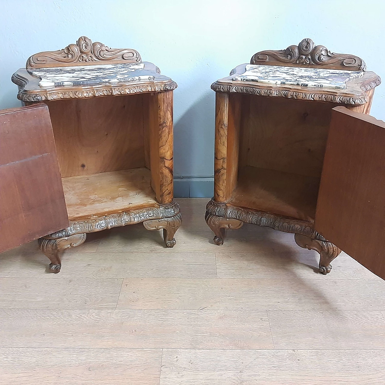 Pair of Barocchetto style solid walnut and marble bedside tables, 1930s 8