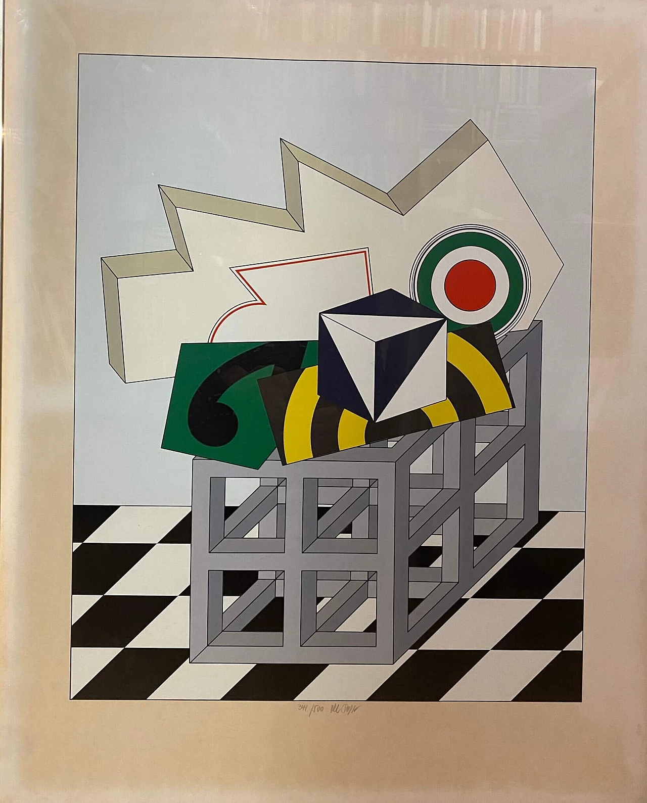 Lucio del Pezzo, composition with solids and target, screen print, 1970s 1