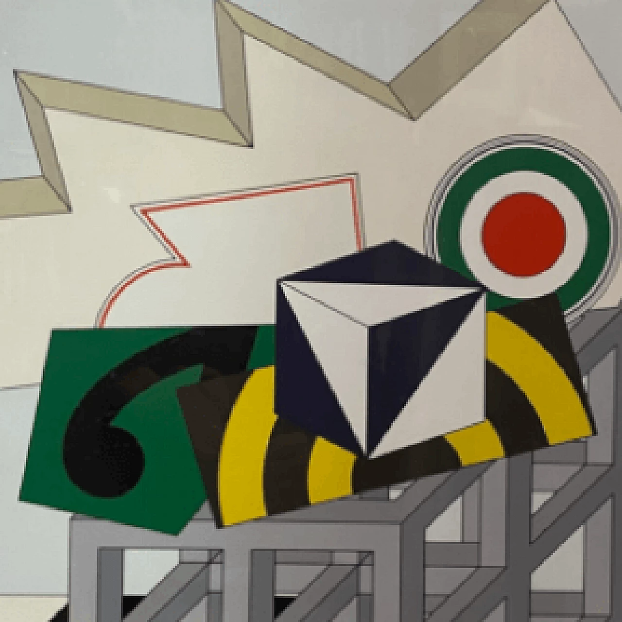 Lucio del Pezzo, composition with solids and target, screen print, 1970s 3