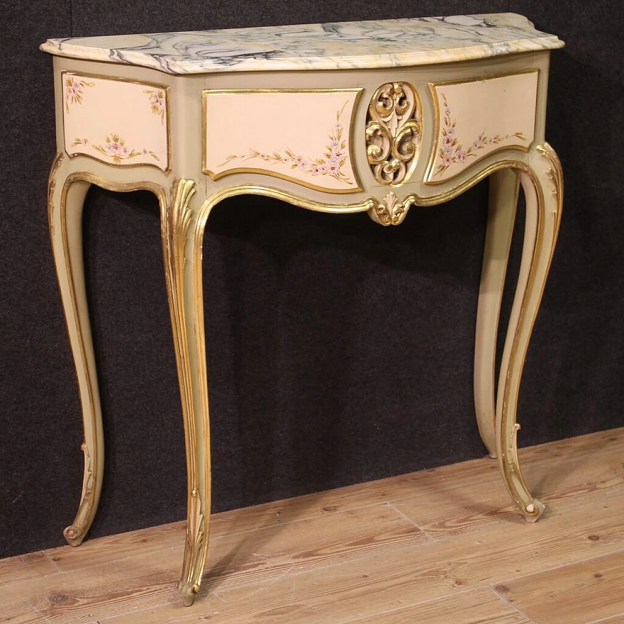 Lacquered, gilded and painted wood console with marble top, 1960s 1