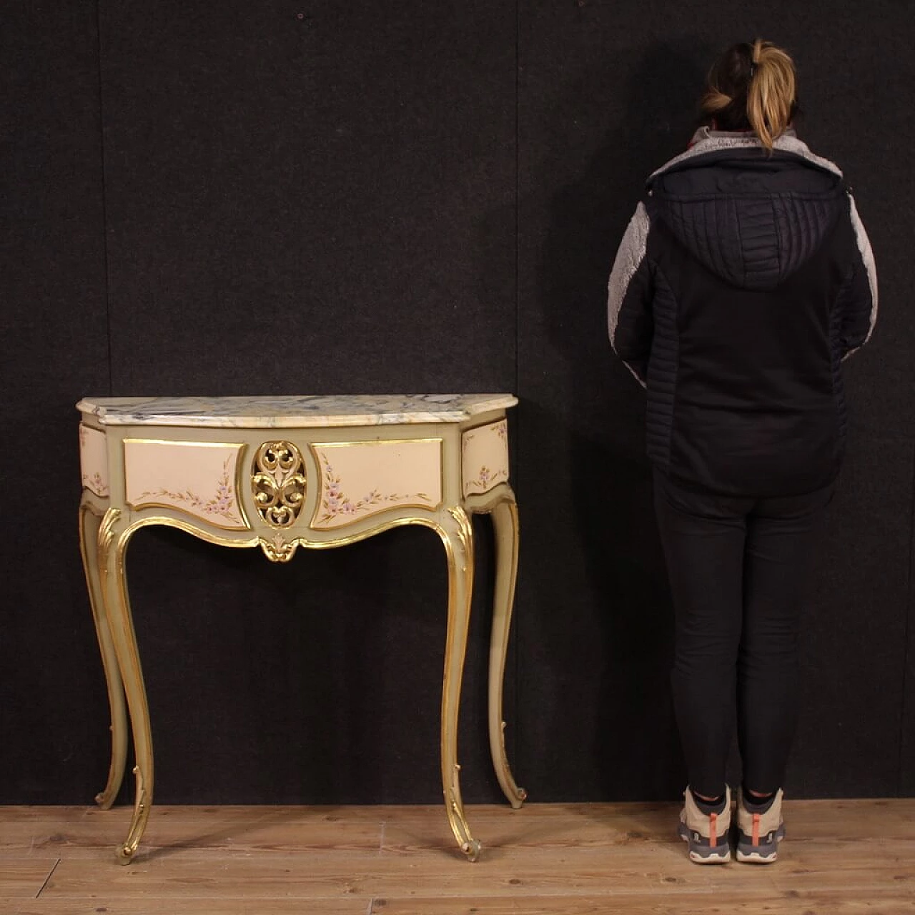 Lacquered, gilded and painted wood console with marble top, 1960s 2