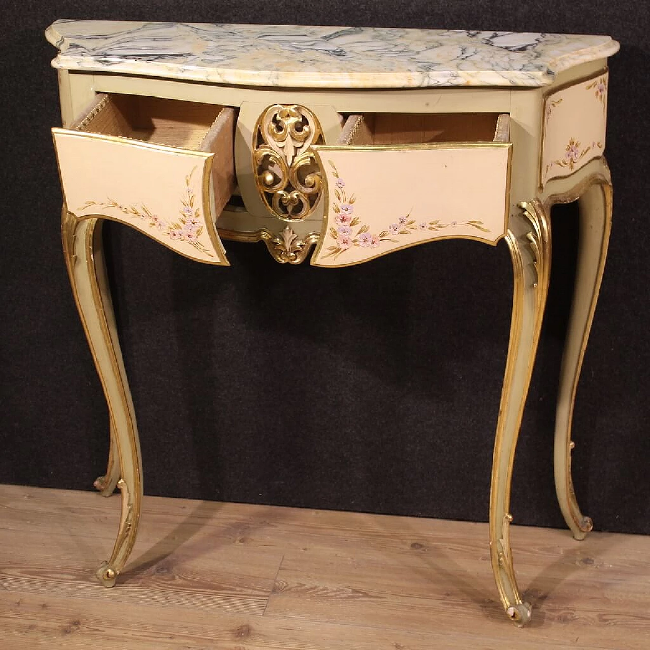 Lacquered, gilded and painted wood console with marble top, 1960s 3
