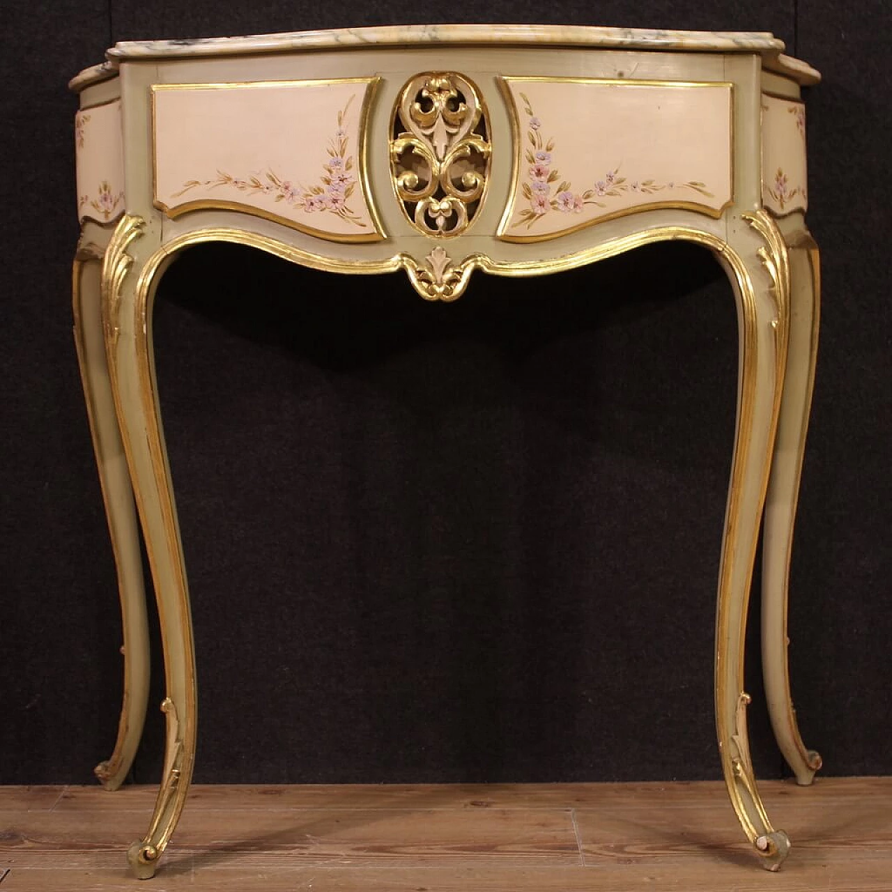Lacquered, gilded and painted wood console with marble top, 1960s 4
