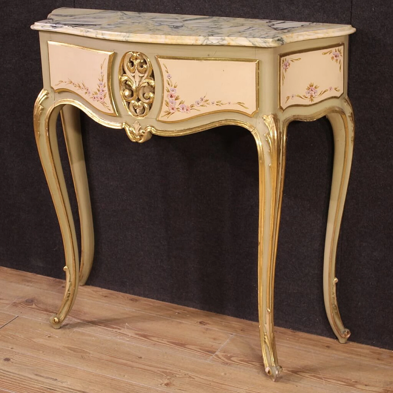 Lacquered, gilded and painted wood console with marble top, 1960s 6
