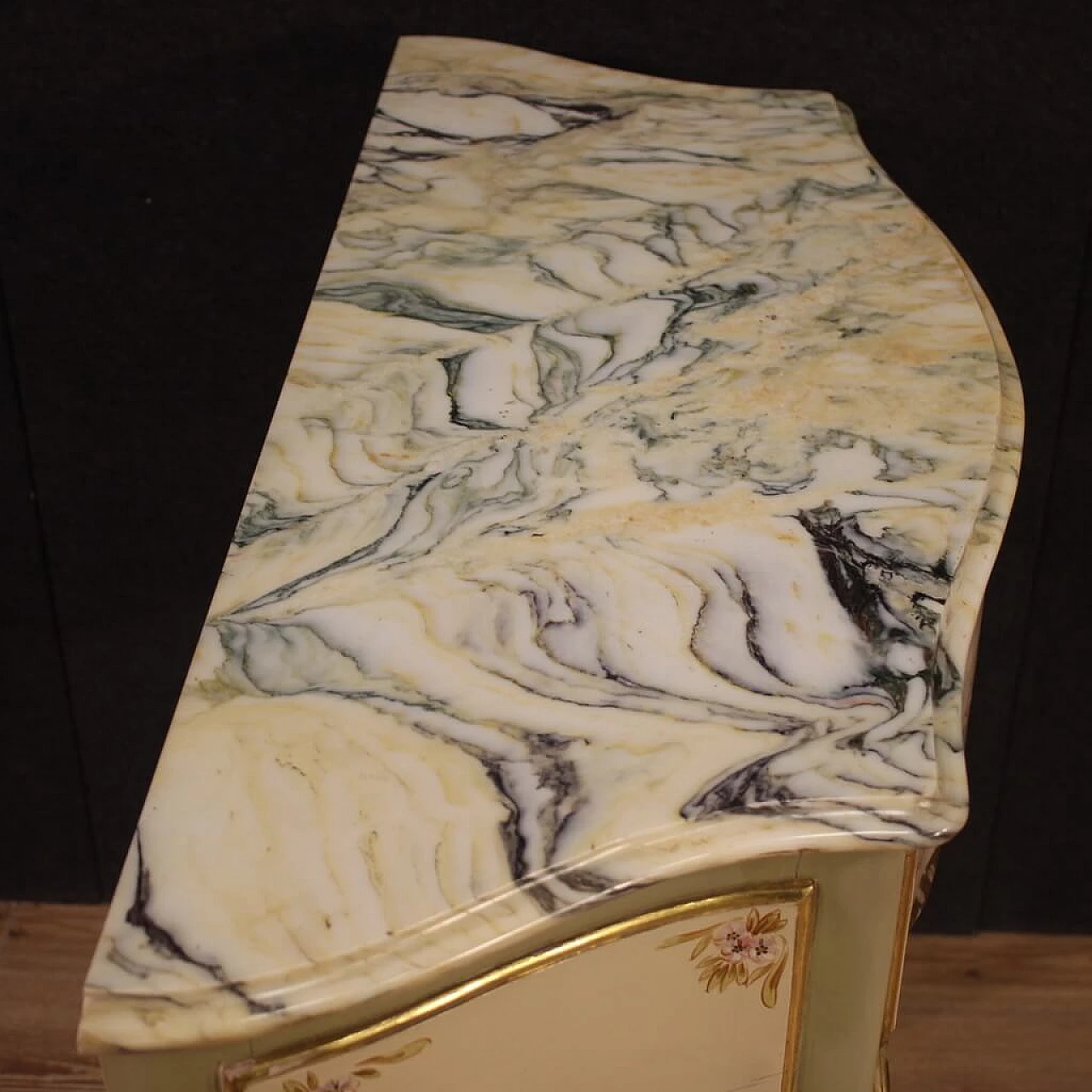 Consolle in legno laccato, dorato e dipinto con piano in marmo, anni '60 8
