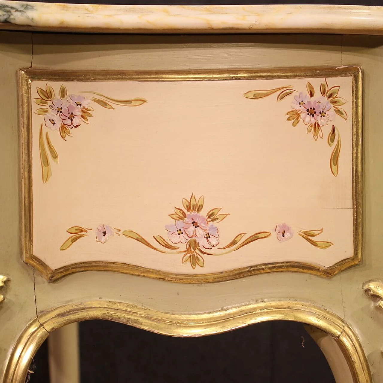 Consolle in legno laccato, dorato e dipinto con piano in marmo, anni '60 11