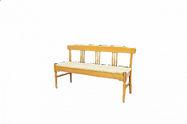 Beech bench with seat in woven fabric, 1950s