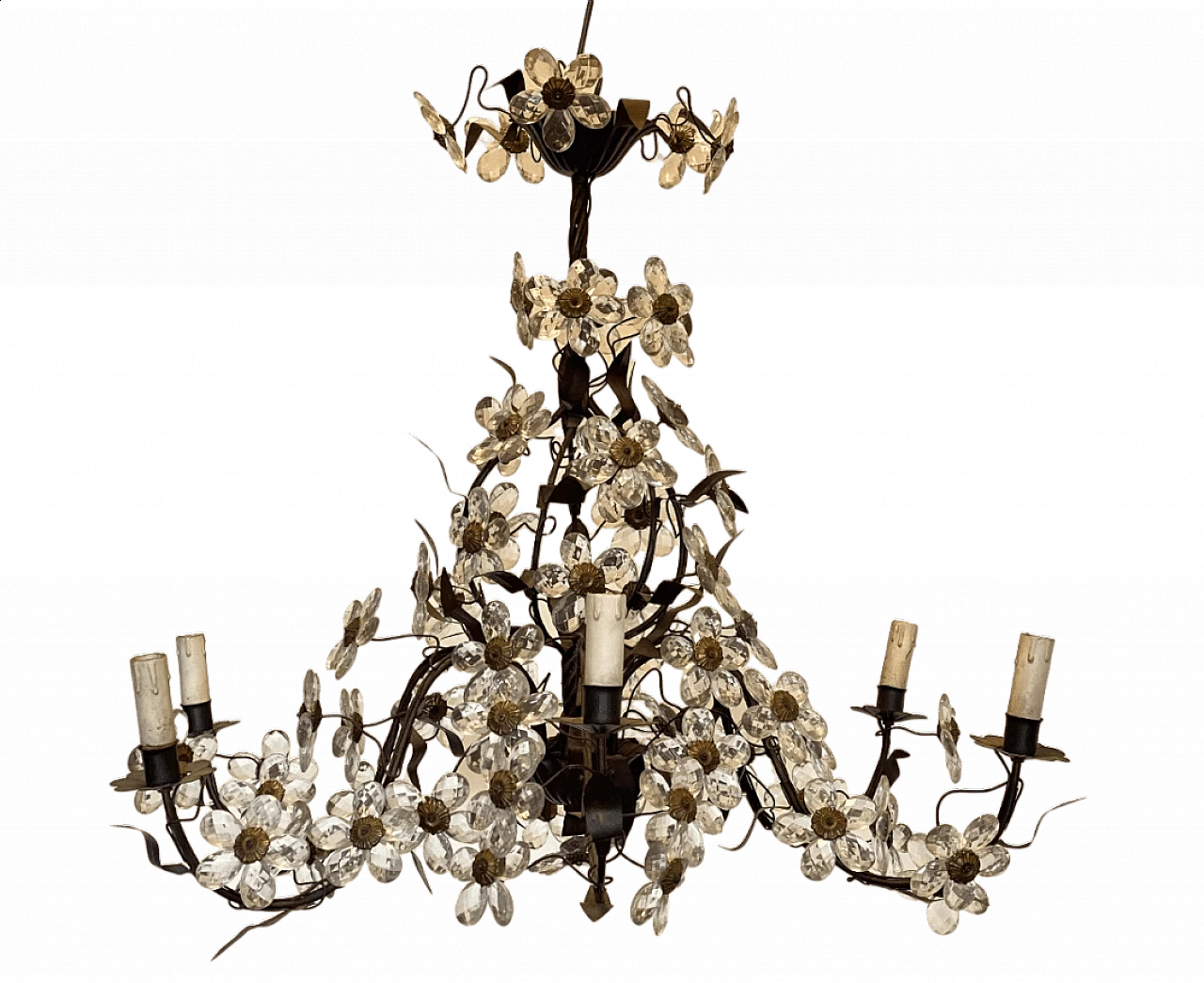 Metal, brass and burnished bronze chandelier with glass flowers, 1960s 12