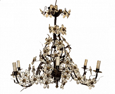 Metal, brass and burnished bronze chandelier with glass flowers, 1960s