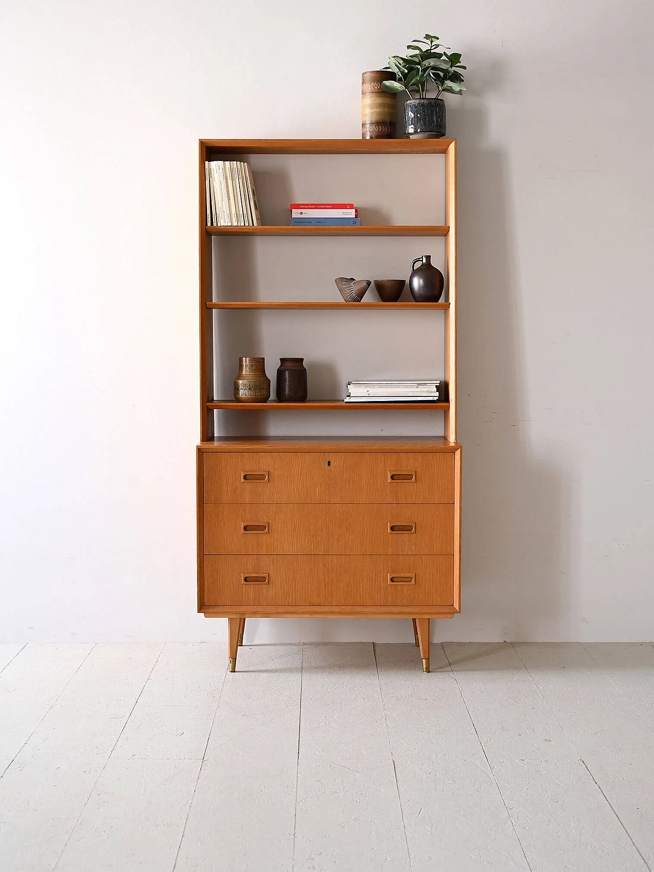 Scandinavian oak bookcase with three drawers, 1960s 1