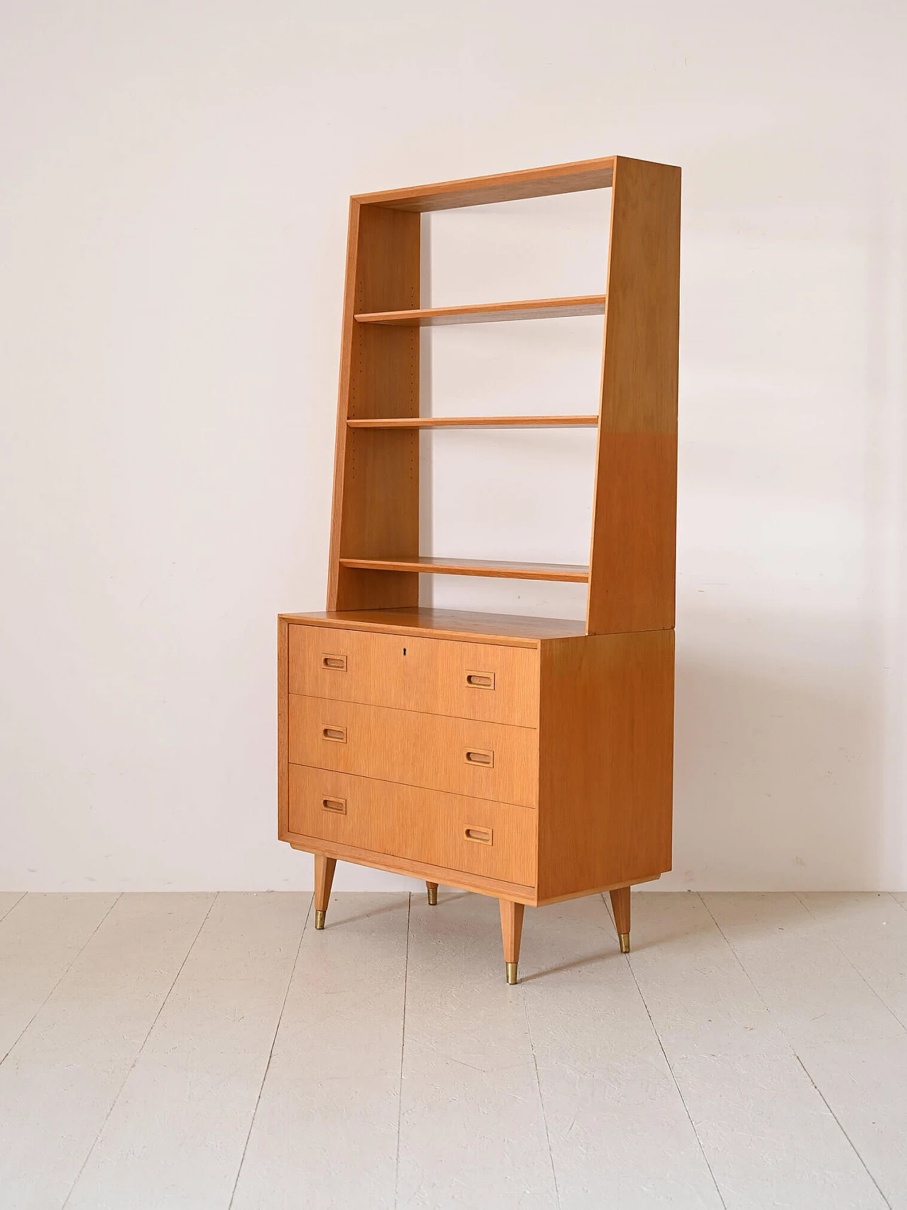 Scandinavian oak bookcase with three drawers, 1960s 4