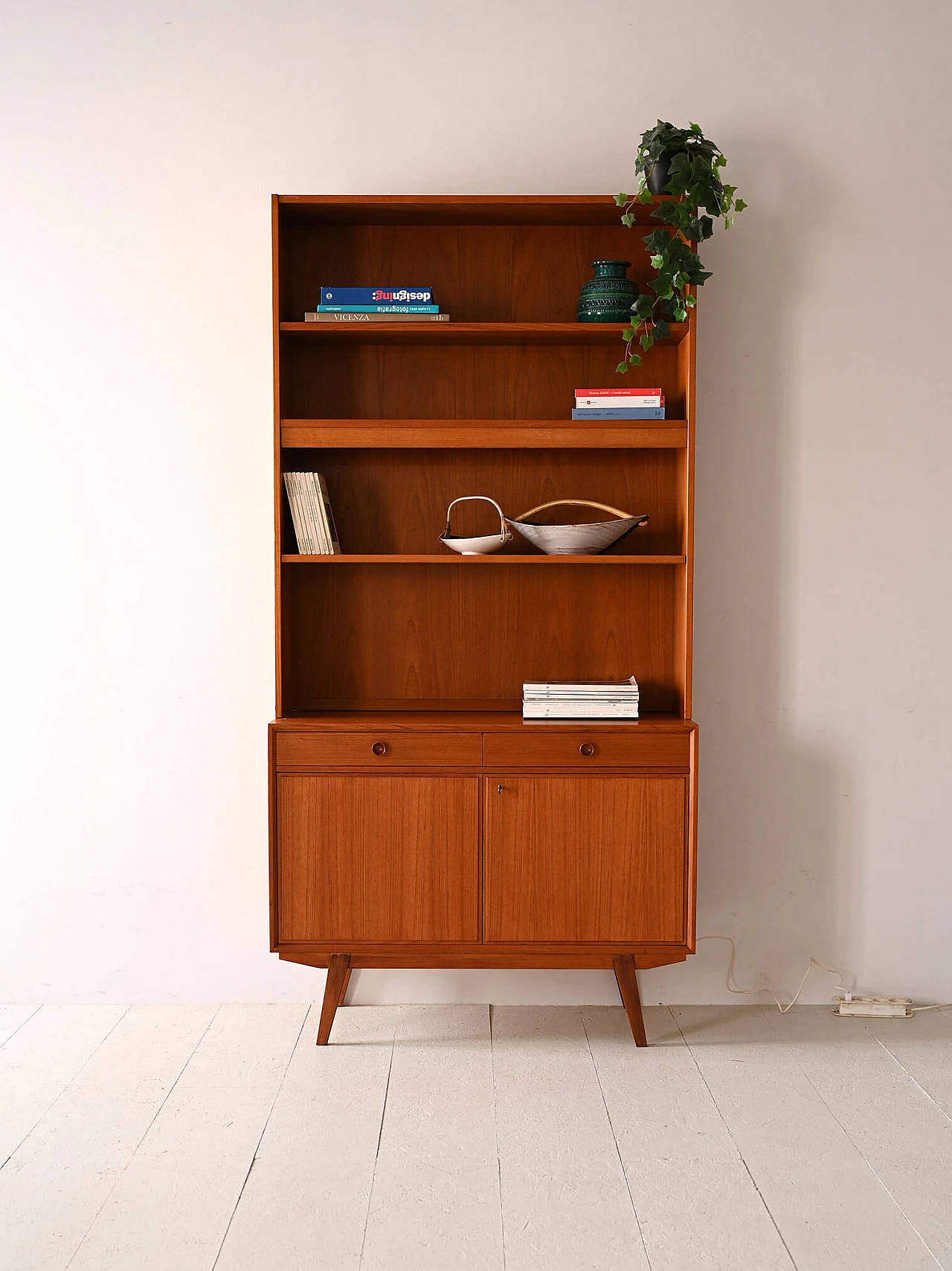 Scandinavian teak bookcase with light, drawers and doors, 1960s 2