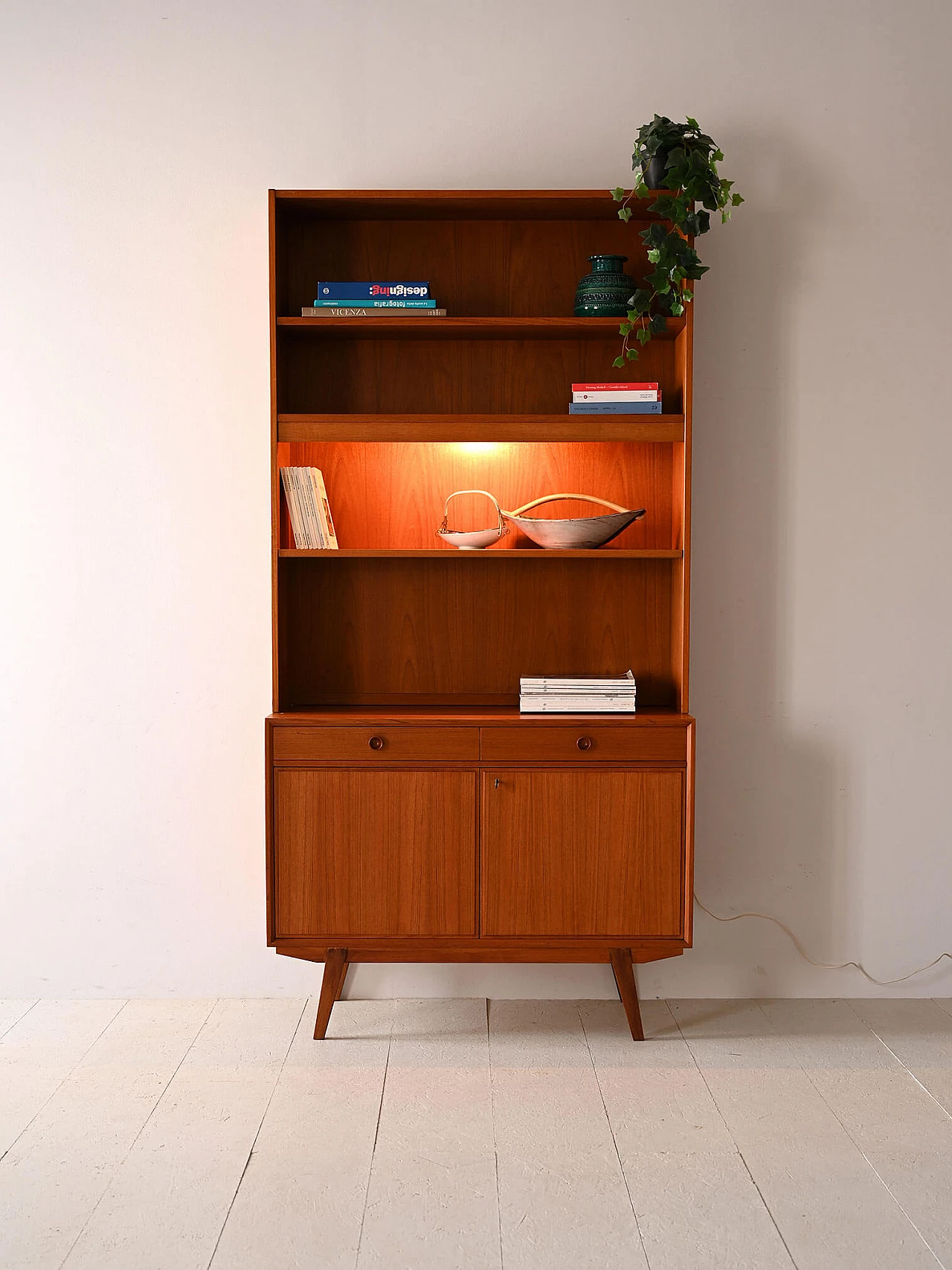 Scandinavian teak bookcase with light, drawers and doors, 1960s 3