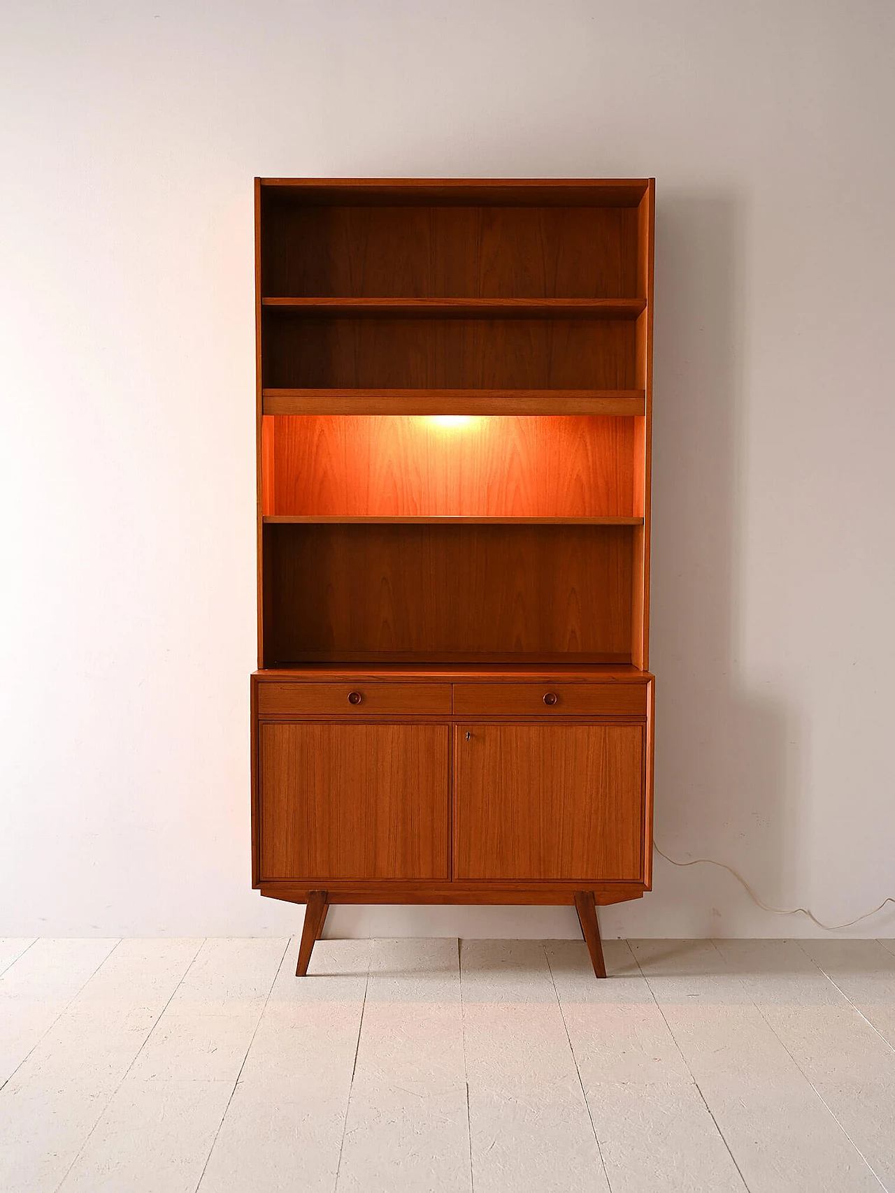Scandinavian teak bookcase with light, drawers and doors, 1960s 4