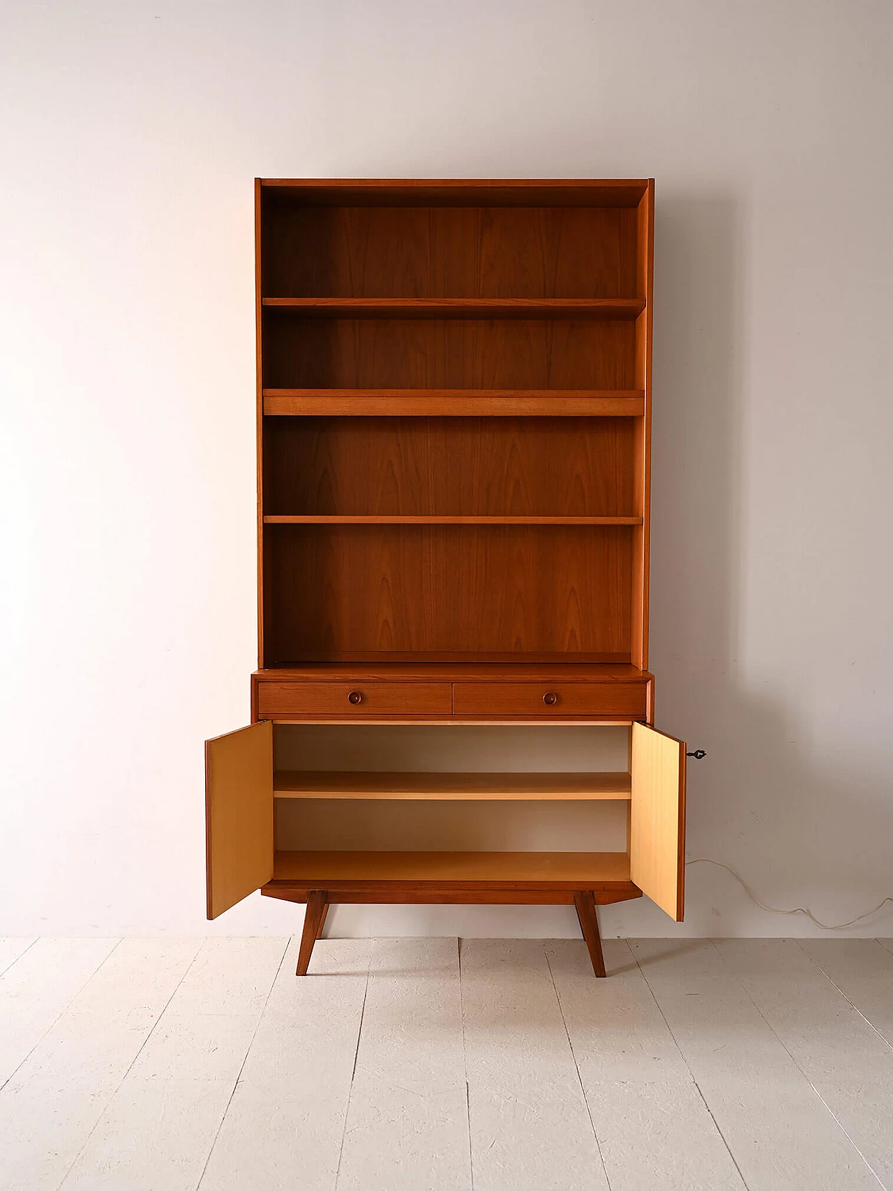 Scandinavian teak bookcase with light, drawers and doors, 1960s 5