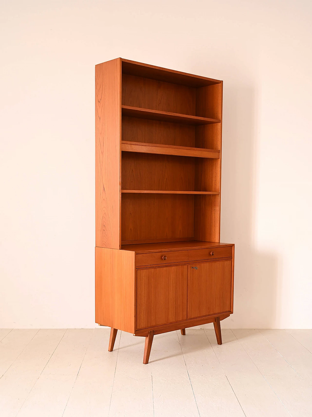 Scandinavian teak bookcase with light, drawers and doors, 1960s 6