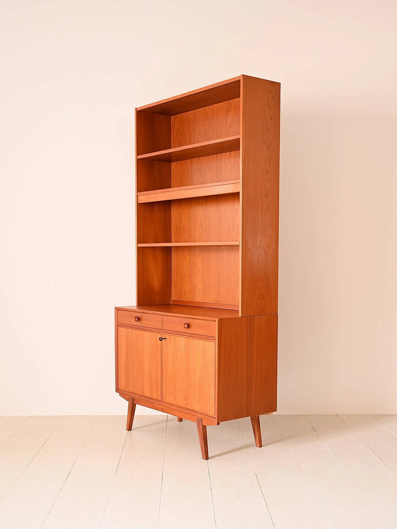 Scandinavian teak bookcase with light, drawers and doors, 1960s 7