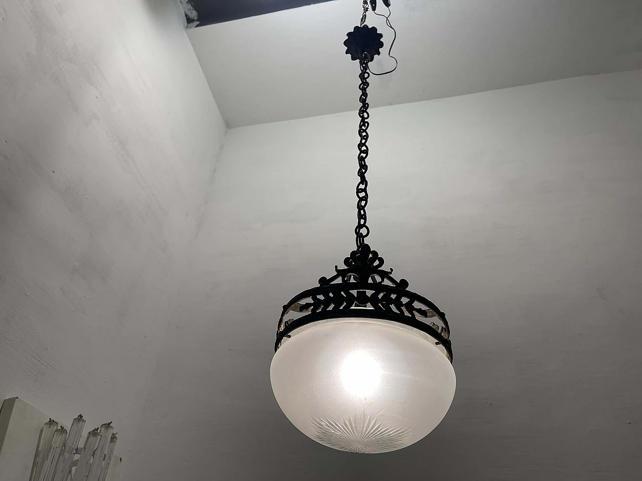 Glass and bronze ceiling lamp, 1950s 5