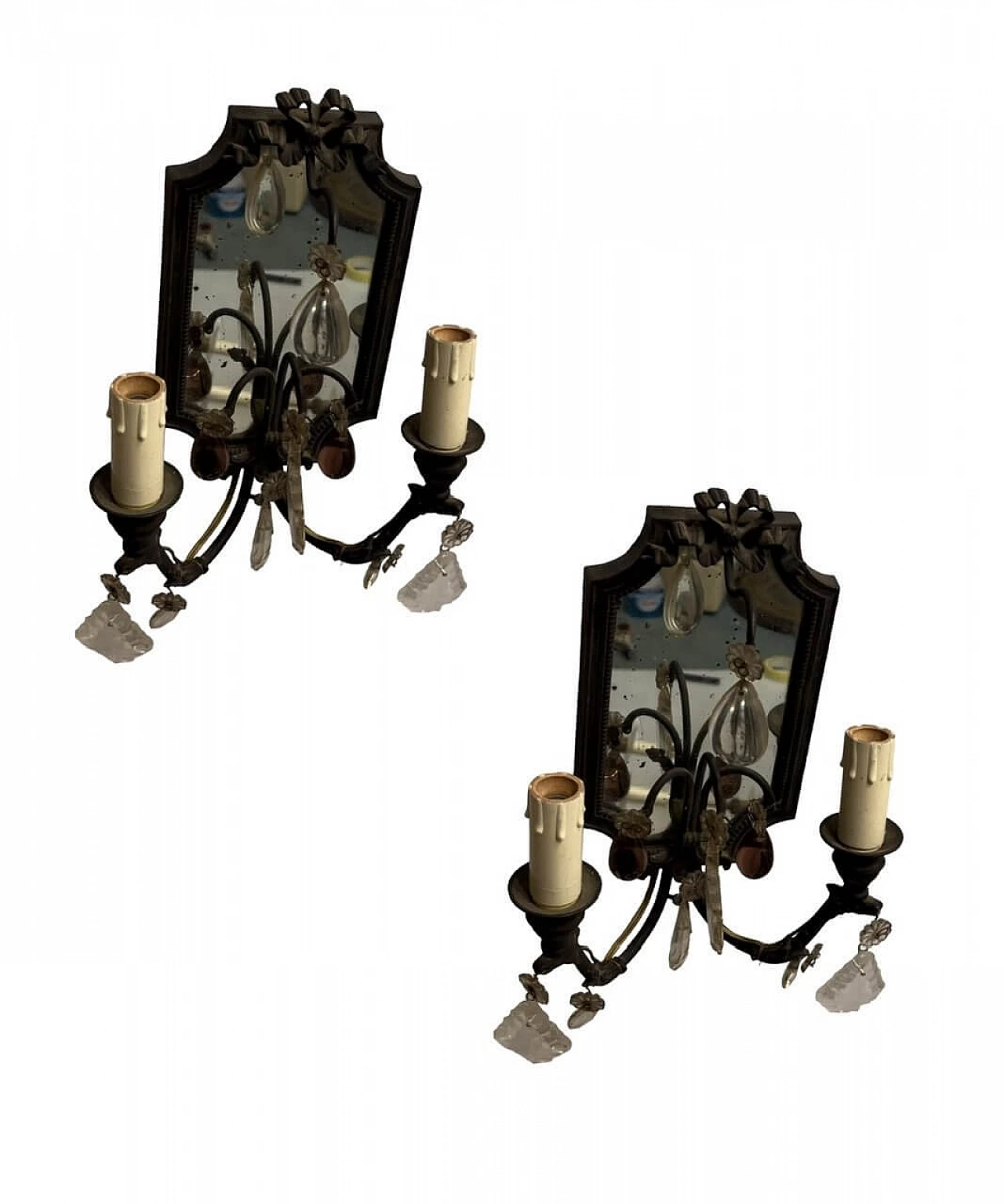 Pair of bronze wall sconces with mirror, 1940s 1