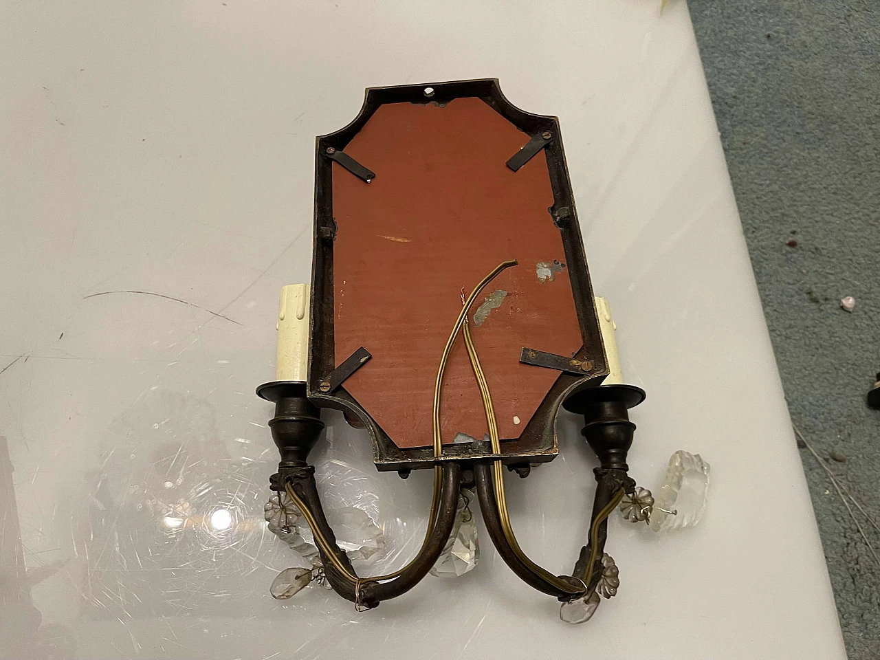 Coppia di applique in bronzo con specchio, anni '40 2