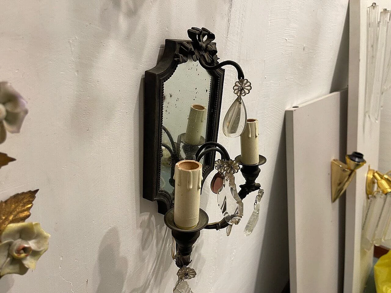 Pair of bronze wall sconces with mirror, 1940s 3