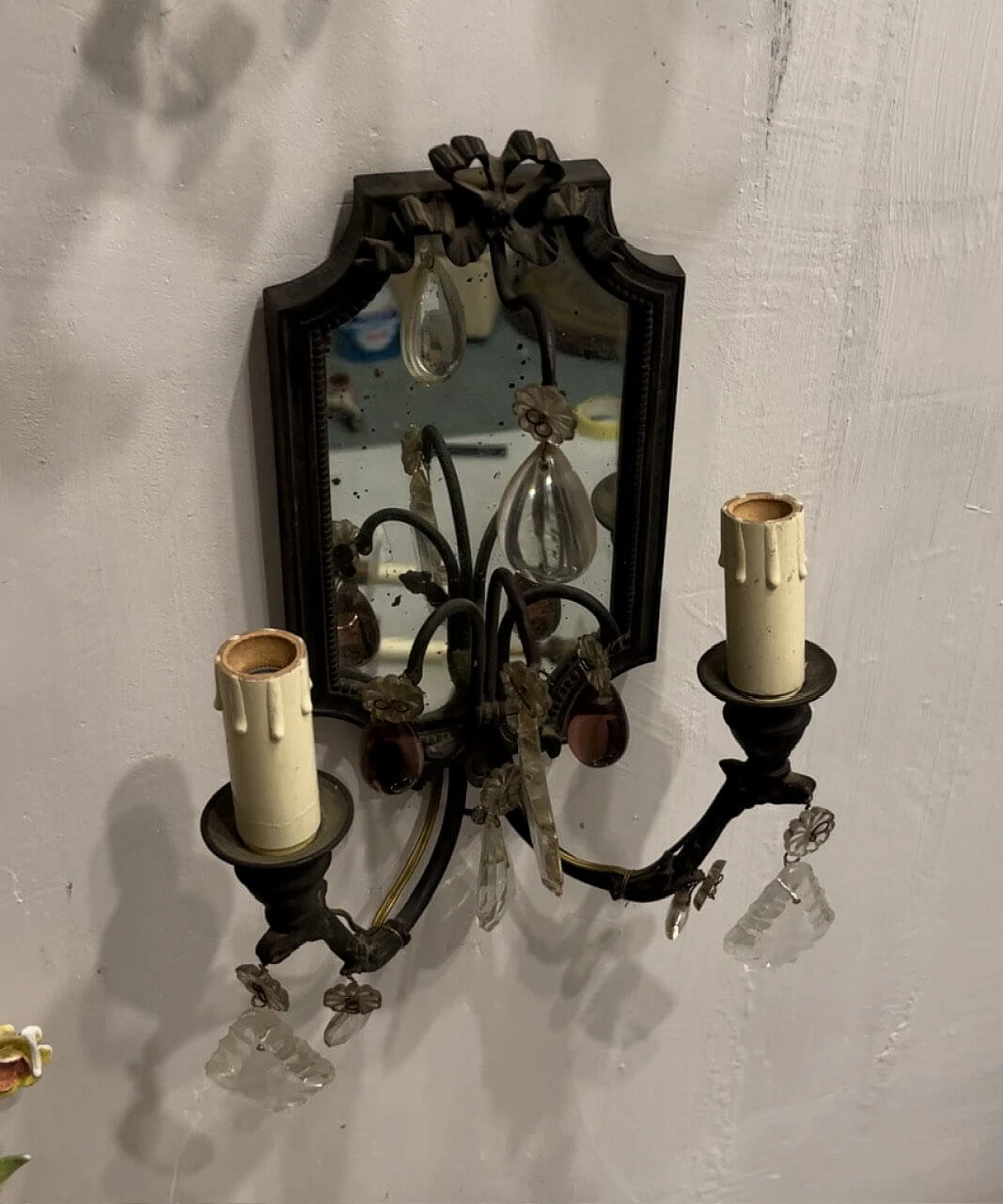 Pair of bronze wall sconces with mirror, 1940s 8