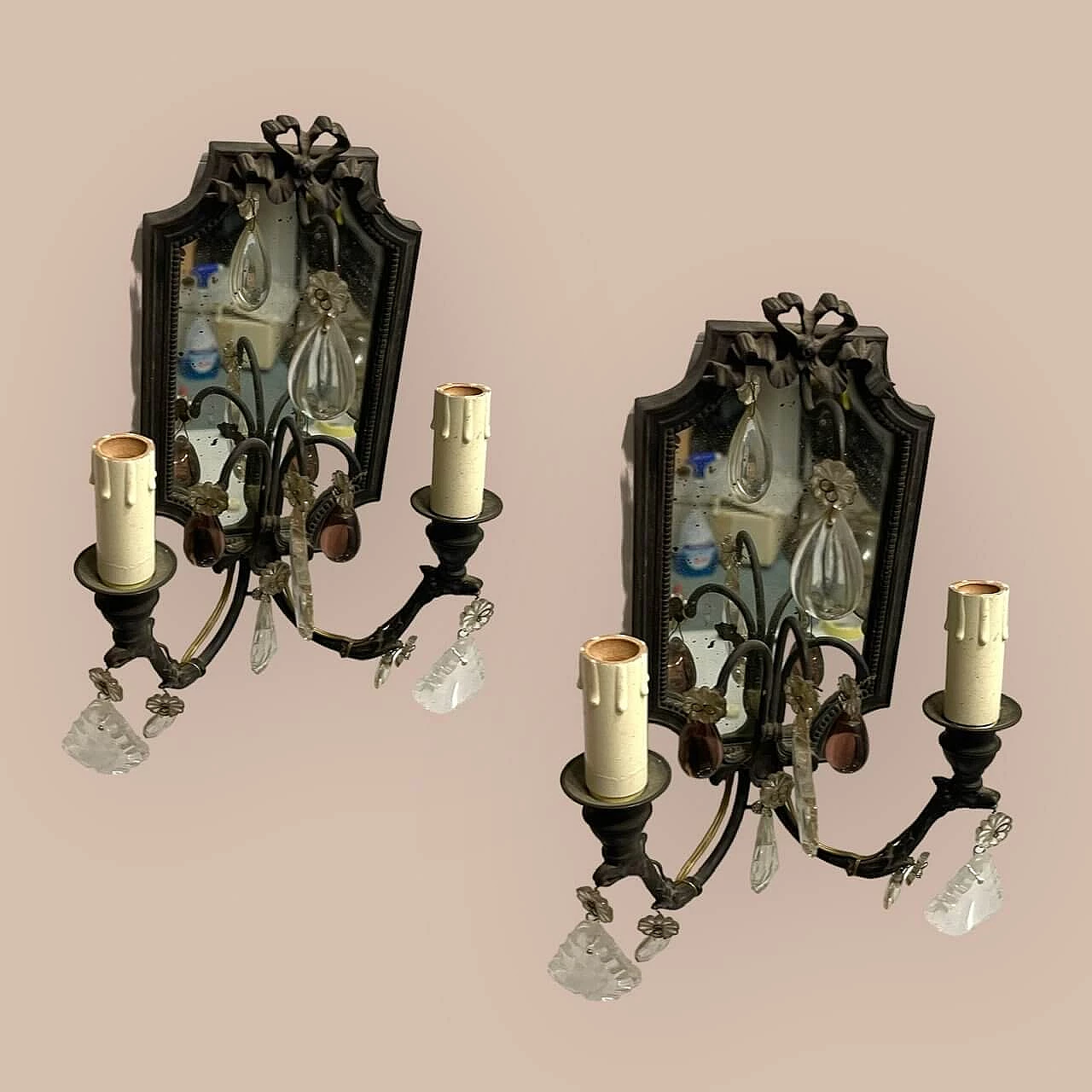 Pair of bronze wall sconces with mirror, 1940s 10